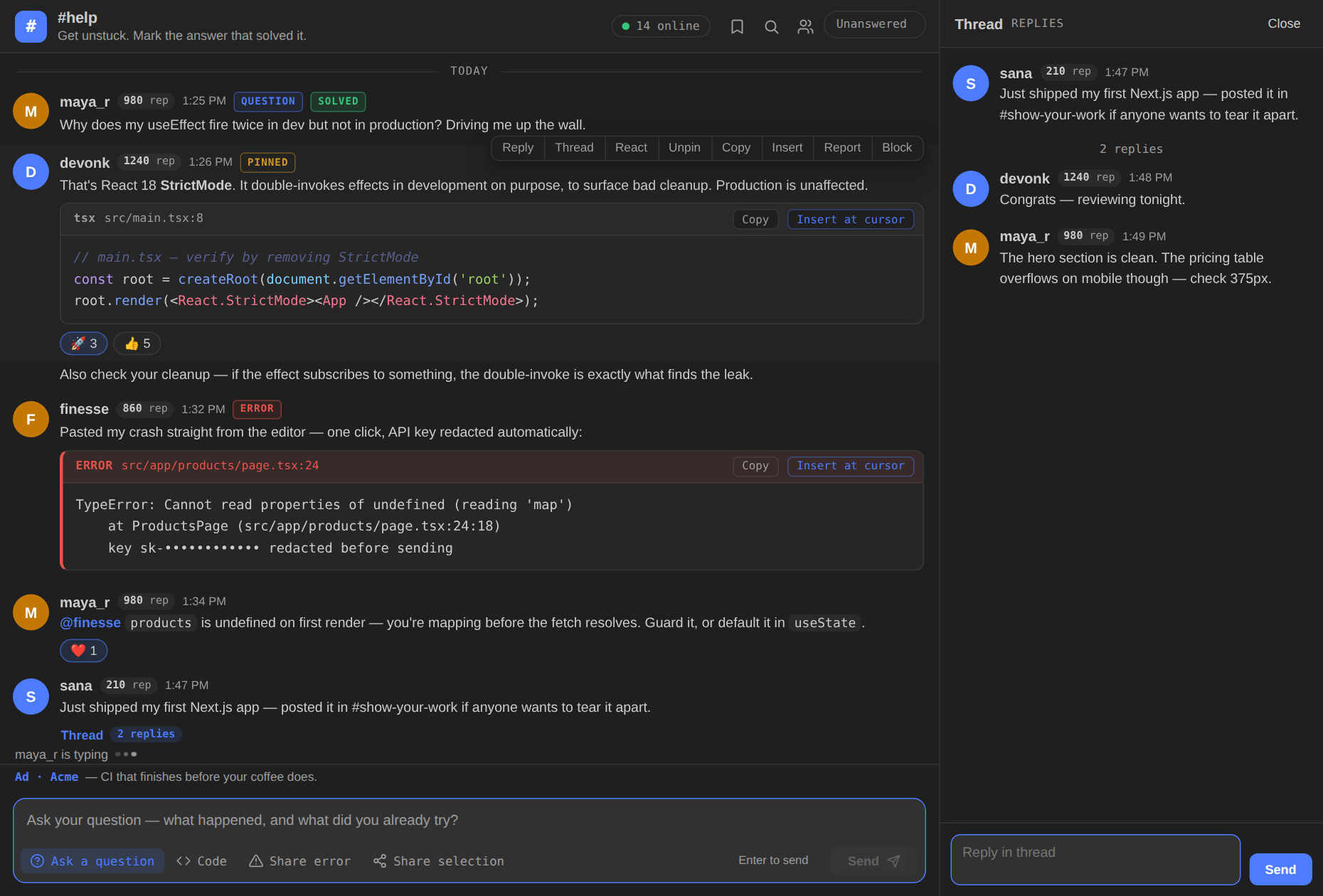 The #help channel in the SideChannel editor panel: a solved question, a highlighted TypeScript fix with an Insert at cursor button, a redacted shared error, and a thread of replies