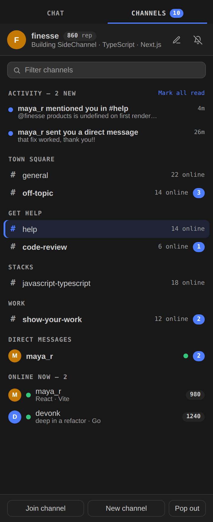 The SideChannel channels tab, listing channel groups with online counts and an activity section showing a mention and a direct message