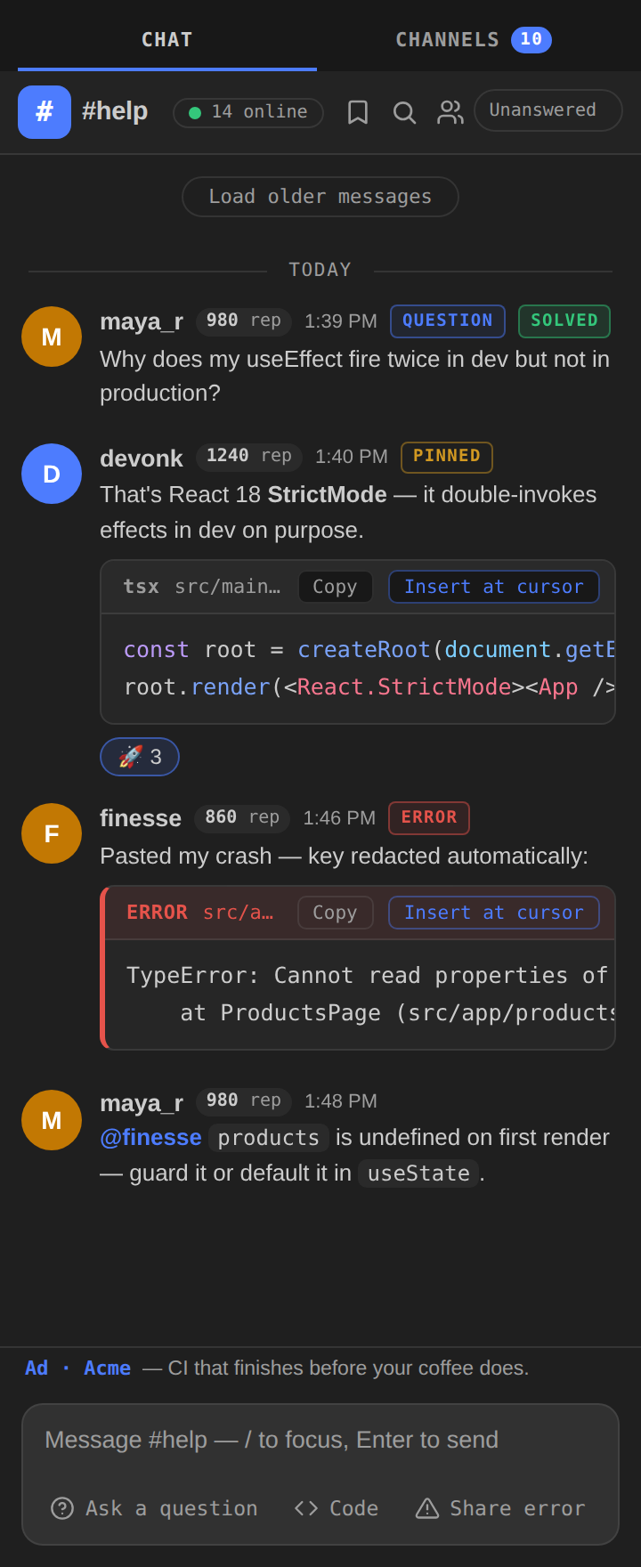 The SideChannel sidebar in VS Code, showing a solved question in #help with a syntax-highlighted code block and a redacted shared error